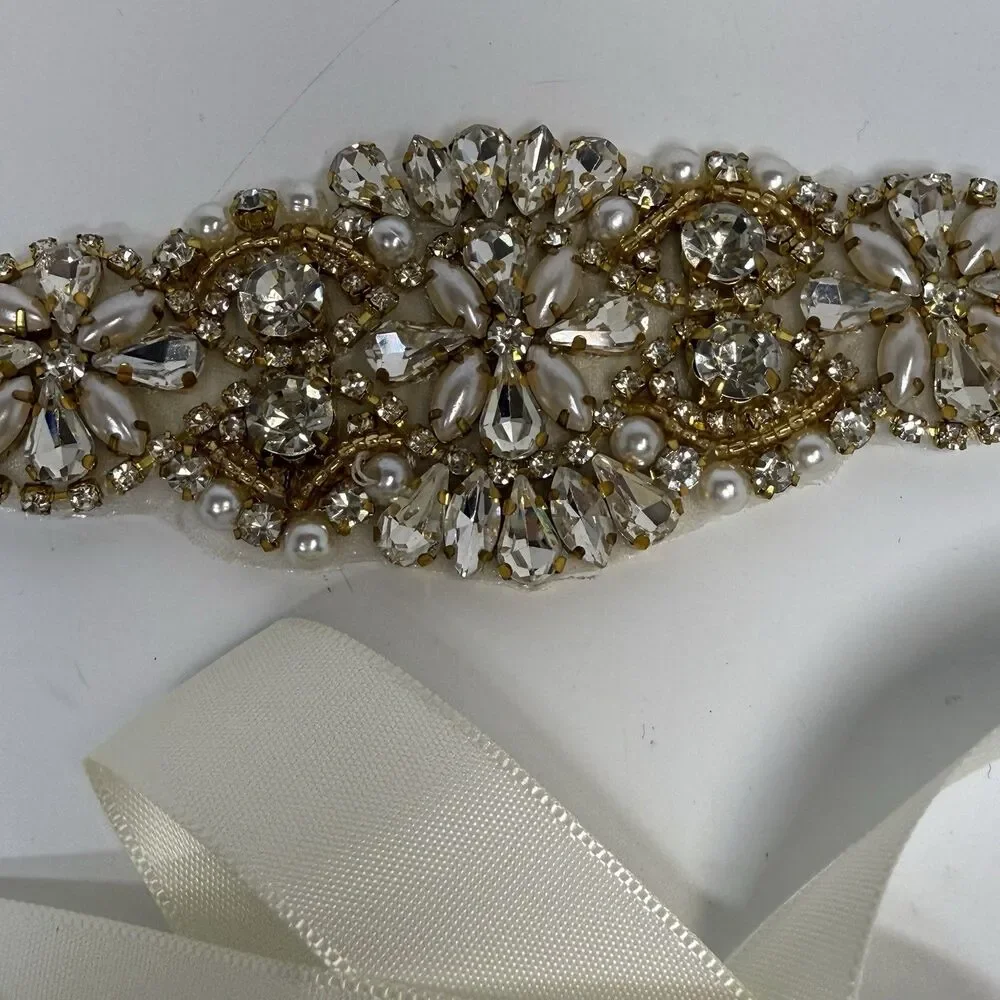 Tendaisy Crystal Rhinestone Faux Pearl Wedding Belt Cream Satin Ribbon Sash New